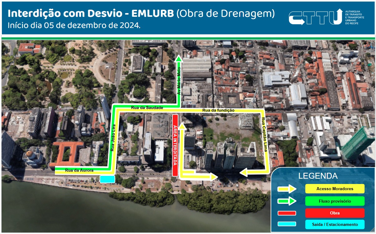 CTTU anuncia nova circulação para Rua da Aurora devido às obras de requalificação da Avenida Mário de Melo